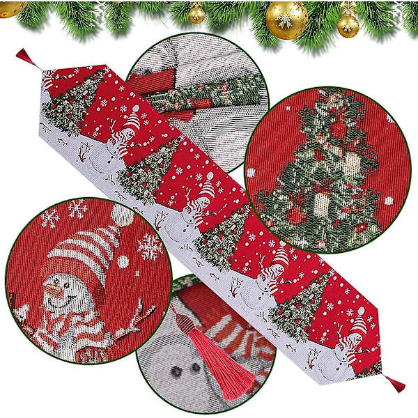Bhgwr Julbordstablett, 180 X 34cm Röd Julduk Och Rektangulära Löpare Med Snögubbe-Träd Mönster, Lång För Dekoration