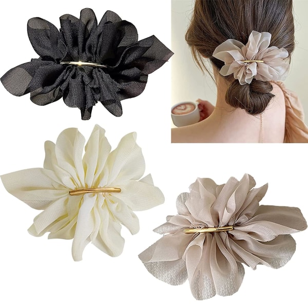 3st Chiffong Silke Stora Blomma Hårklämmor Pins, Mode Franska Barrette Hårklämmor Tillbehör För Kvinnor Flickor,beige Vit Svart (#2 Hårklämmor Setb)