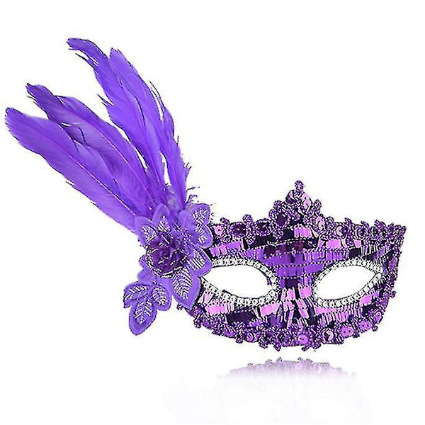 Mardi Gras Mask, Fjäderögonmask för Halloween (lila)