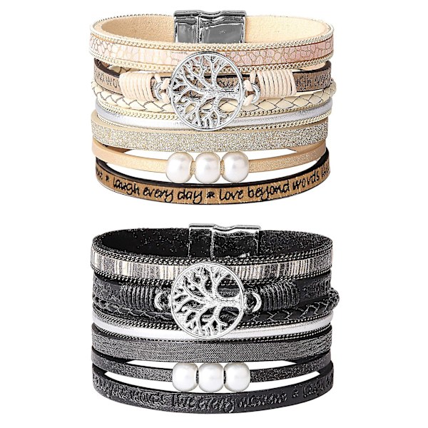 2-pack Boho läderarmband set dam flickor flerskikts livets träd wrap armband armband set present till fru flickvän mamma -ZHENV