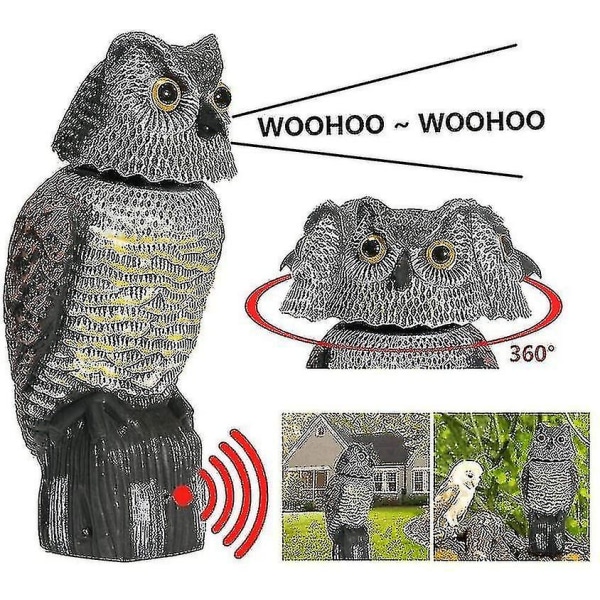 Fugleskremsel Owl 360 Roter hodet for å skremme fugler Realistiske fryktelige lyder og skygger Falsk ugle utendørs dekor
