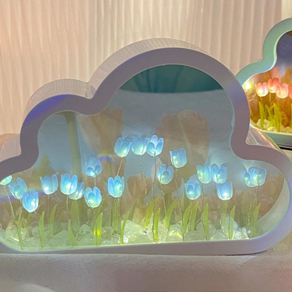 Cloud Mirror Tulip Lampe, Håndlavet DIY Tulipaner Spejl Natlampe Til Din Mor Kæreste Søster Gave snngv（Blå）