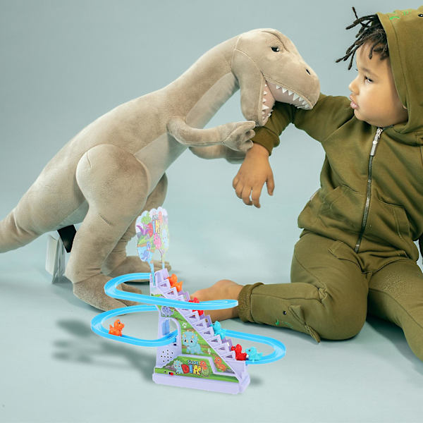 1 set små dinosaurier glidleksaker elektrisk dinosaurie klättring trappor spår glidleksak
