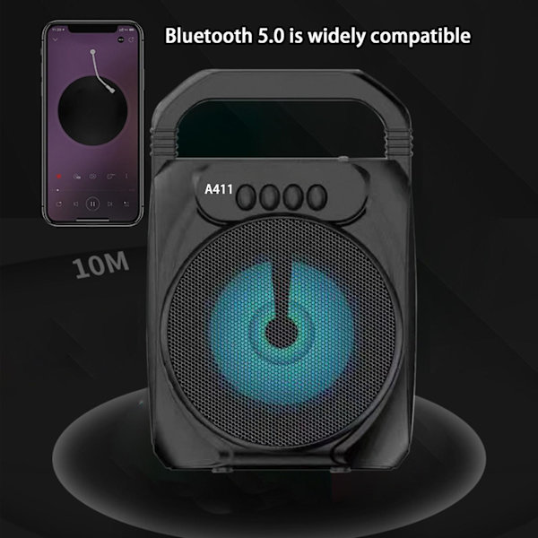 Bluetooth-högtalare, bärbar utomhusstereo, plugin-kort, USB-minne, med färgglada löpande lampor, bärbar kompaktstereo