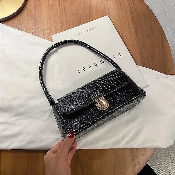 Håndveske Shopping Bag Retro Casual Dame Underarm Håndveske Steinmønster Skulder Bag Dame Lær Ensfarget Kjede Dame Bag（Svart）