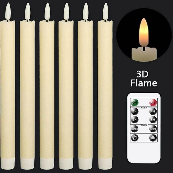 Flammefri elfenben taper stearinlys Batteridrevet LED varm farve 3D Wick stearinlys Julehjem bryllup dekoration 6 Pack.