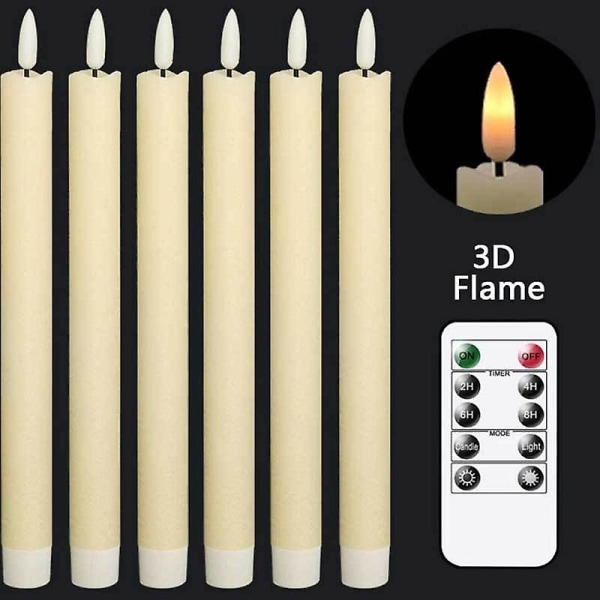Flammeløse elfenbensfarvede spidslys, batteridrevne LED-lys med varm farve, 3D-væge, stearinlys, julehjem, bryllupsdekoration, 6 stk.