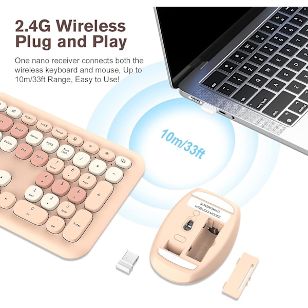 Färgglatt trådlöst tangentbord och mus-set, Pinkcat skrivmaskin flexibla tangenter kontor fullstor tangentbord, 2.4g dropout-fri anslutning optisk mus