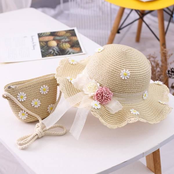2-8 år herr solhatt herr sommar halm väska keps set herr resor solskydd strand hatt sol fiskare hatt för barn（Khaki）