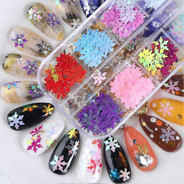 12 Färger Julnagelkonst Glitter Snöflingor Nagelsmycken 3D Nagelsmycken Dekaler Holografiska Laser Nagelflingor Dekaler Akrylnaglar Design Glitter X