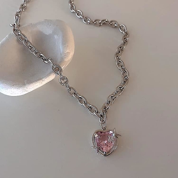 Y2K Stjärnhalsband med hjärta, estetiskt kristallhalsband