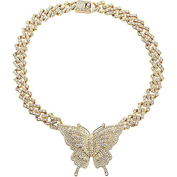 Cubansk lenkekjede Charm Butterfly Halskjeder for kvinner Rhinestone Inlaid Hip Hop Butterfly Cuban Choker Halskjede for jenter