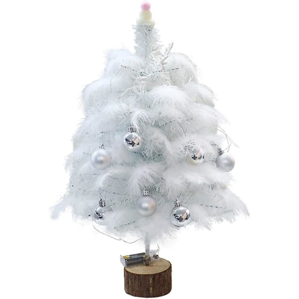 Liten bordsjulgran med LED-lampor, vit fjäder bordsjulgran med glittrande älg, bolldekorationer (60 cm + ljus) -b