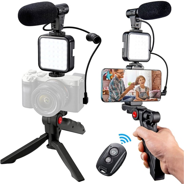 Telefonholder til videooptagelse med mikrofon/LED-lys/Dual-Purpose stativ/adapterkabler/Capture-fjernbetjening