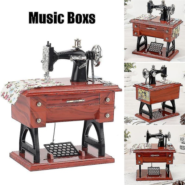 Mini symaskine-formet spilledåse Vintage dekorativt urværk spilledåse til mor Børn Træk i skuffen for at spille musik Nyt