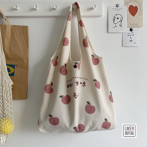 Handväska söt jordgubbe tote väska estetisk för skolflickor plånböcker shopper designer handväska japanska kvinnor persika tryck eko axelväskor（riwentaozi）
