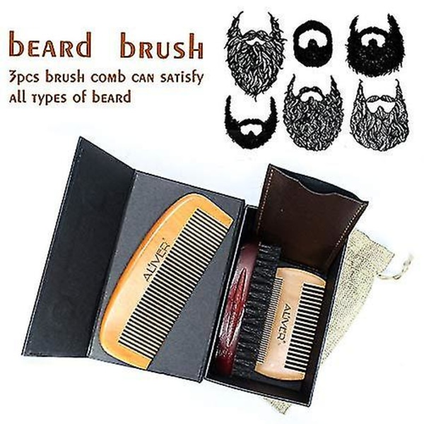 3 stk skjeggbørste og kamsett kompatibel med menn, naturlig villsvinbørste