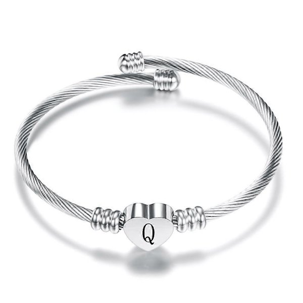 Silver Hjärtformad Initialarmband - A-Z Rostfritt Stål Graverat Charm Armband, Kvinna Flickor Smycken Födelsedag Festival Present