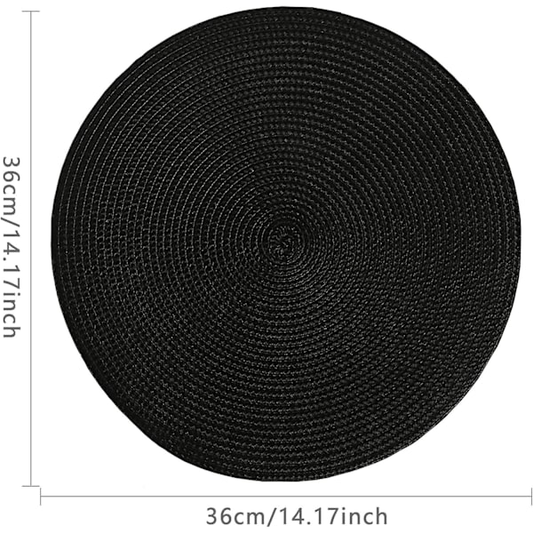 Set med 6 runda bordstabletter, 36 cm, svart, värmebeständiga tvättbara bordstabletter plastbordstabletter för köket