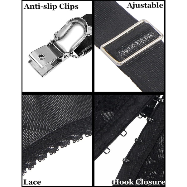 Naisten sukkanauhanauha pluskokoinen pitsinen sukkanauha ja 6 metalliklipsiä säädettävät alusvaatteet sukkanauhat henkselit Alusvaatteet vyötärönauha set(XL, musta)