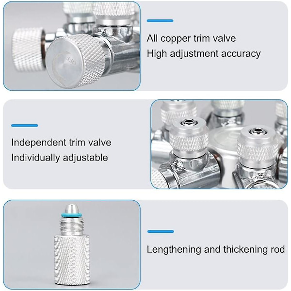 Akvarie CO2-delare, aluminiumlegering CO2-flödesfördelare med finjusteringsventil för 4x6 mm CO2-gasrör CO2-bubbelräknare（W02-06）