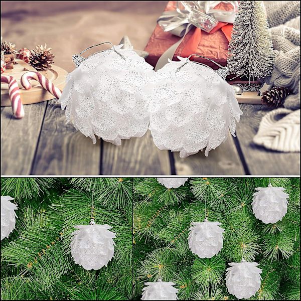 Tallrikspins i Tallkottform (set om 4) - Stora Vita Julgranskulor i Form av en Glittrande Tallkott med Snöre - Vit Juldekoration att Hänga på Trädet, Wr