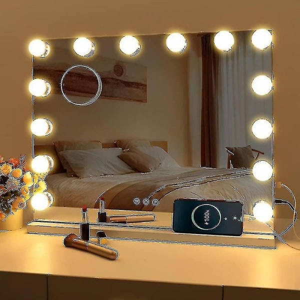 Hollywood-speil med usb-sminkelys - opplyst speil med 10 pærer og 3 lysmoduser (kun lys)