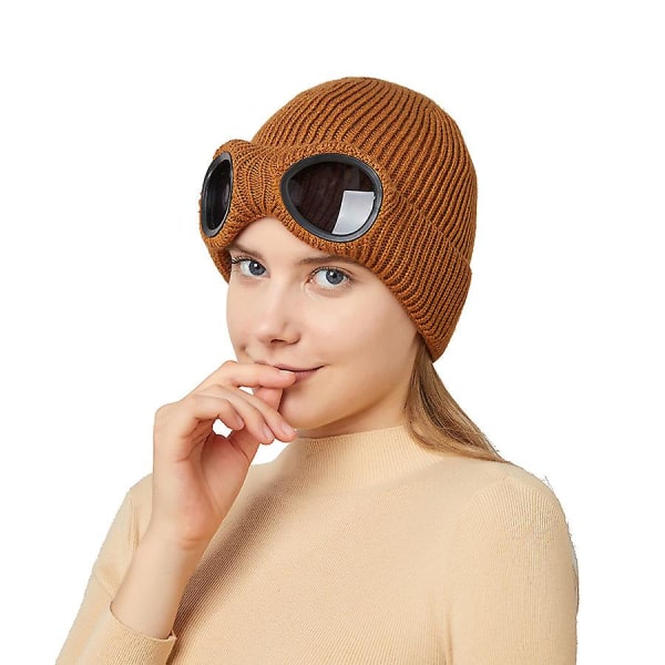 Unisex ullstickad skyddsglasögon mössa, varm vinter stilfull mössa utomhussport mössa-brun (56-58cm