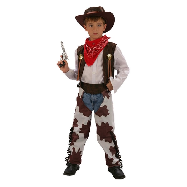 Barn Cowboy Kostyme Gutter Halloween Dress Up Cosplay Sett Bursdagsfest Rollespill Western Chaps Outfit Hat（XL，Brown）