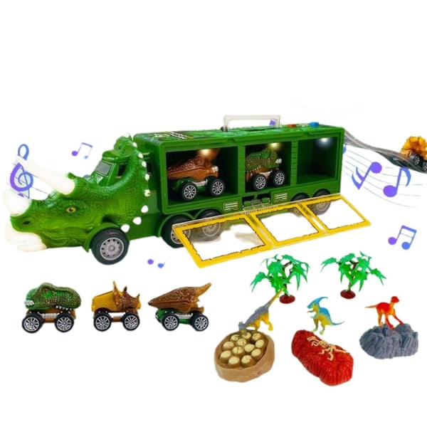 Dinosauruksen kuljetusleluauto omalla musiikilla ja valoilla Realistinen mallipehmeä lelu (vihreä)