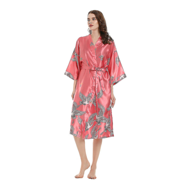 Z Kimono Robe Satin Sovkläder Blus Silkeslen Morgonrock Blommig Crane Nattlinne