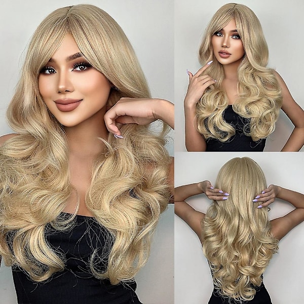 Lång naturlig vågig platinablond peruk med lugg Cosplay Party Lolita syntetisk peruk för kvinnor värmebeständig fiber（LC047-1 peruk）