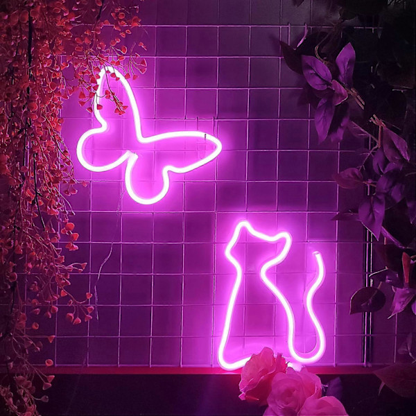 Neon-skyltar med kattmotiv, USB- eller 3-AA-batteridriven, LED-lampor för bordsdekoration, väggdekoration till flickrum, födelsedagspresent till barn (rosa)