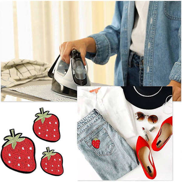 6 stycken jordgubbsapplikationsplaster Broderade strykjärnspåsar Söta jeansplaster Jordgubbsröda applikationer Roliga klädplaster för barn Väst Jacka