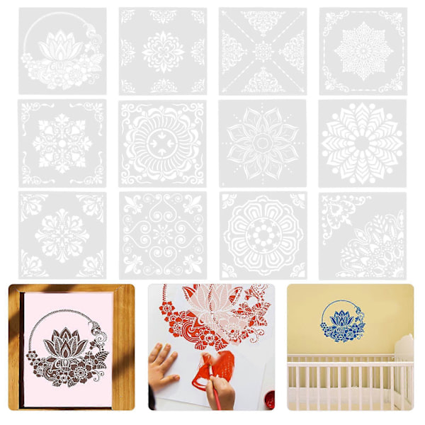 12 st Mandala-mallar för väggmålning, ritningsmallar, vägg- och golvmålning, DIY-mallar