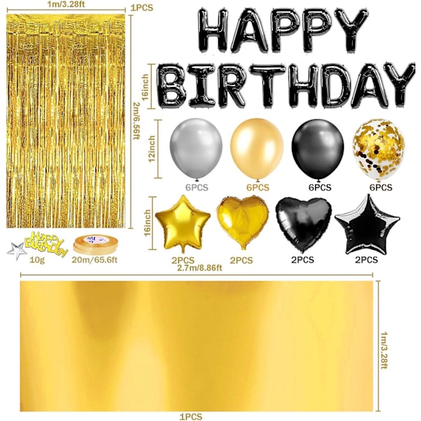 Svart guld födelsedagsfestdekoration, svart grattis på födelsedagen banderoll, gyllene fransgardin, folie bordsduk, hjärta stjärna konfetti ballonger, 10g bords kon