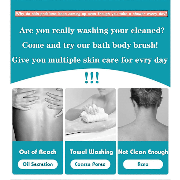 Silikonbadborste för kropp, Exfolierande Lång Silikonrygg Scrubber, Lätt att Rengöra, Skummar Bra, Miljövänlig, Långvarig, Bekväm Massage