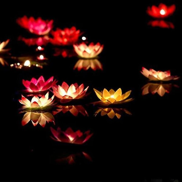 10 stk Flerfarget Silke Lotus Lantern Lys Flytende stearinlys dekorasjoner