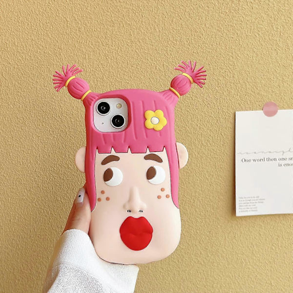 iPhone 14 Plus Skal Kawaii, Söt 3D Cartoon Cool Rosa Vacker Flicka med Blomma Mjuk Silikon Stötsäker Skyddande Skal Roligt för Kvinnor Flickor