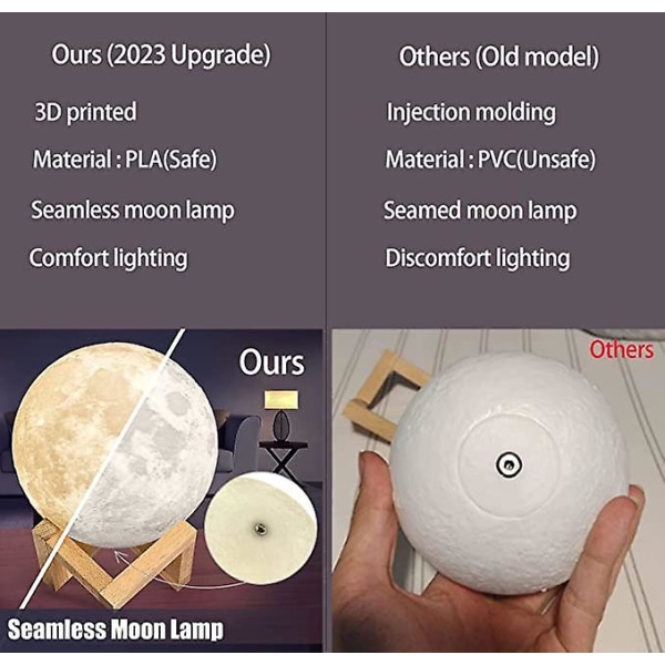 NSL Lighting 3D Moon Lamppu Yövalo Moon Light 3 LED-väriä puisella jalustalla ja kaukosäätimellä/kosketusohjaimella ja USB ladattavalla, syntymäpäivälahjoja naisille
