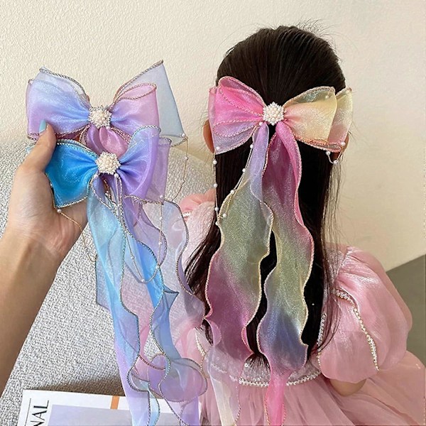 2 st prinsesshårbågar Alligatorclips, Pärltofsar Regnbågsbågar Huvudbonader för Kvinnor Flickor Bröllop Födelsedagsfest (Rosa+Gul)