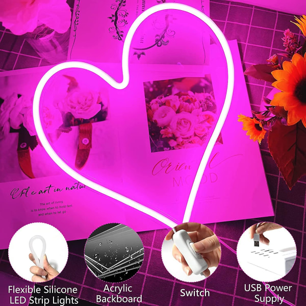 Valokyltit, LED Vaaleanpunainen Sydän Akryyli Neonkyltti seinäkoristeluihin, USB -virtalähde Romanttinen Love Heart Neonvalolamppu makuuhuoneen sisustamiseen Lasten tyttöjen huone