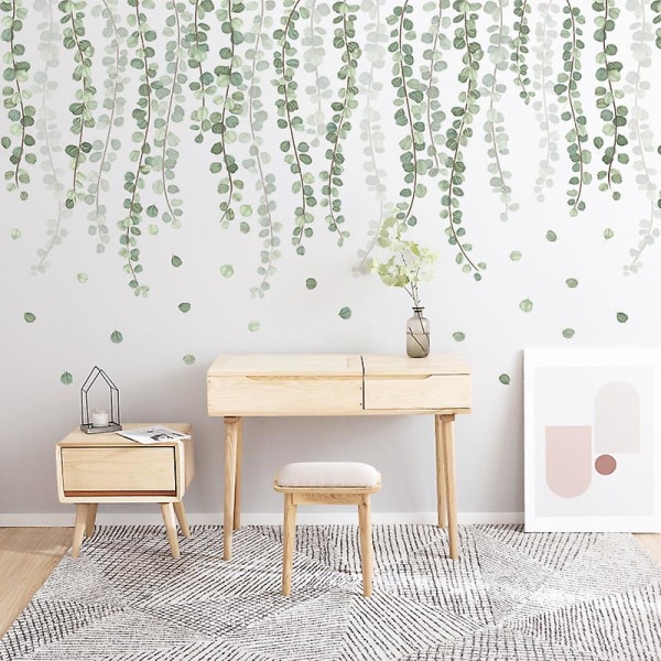 WABJTAM Hängande vinsträng med pärlor Vinblad väggdekaler, avtagbara akvarell gröna växter Tapetdekaler, skala och sticka DIY konst väggmålning för