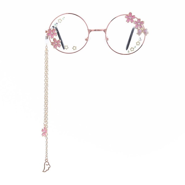 Kawaii glasögon med kedja Sakura Star Wing Decor Lolita Cosplay Prop Runda Bågar Glasögon Jk Tillbehör