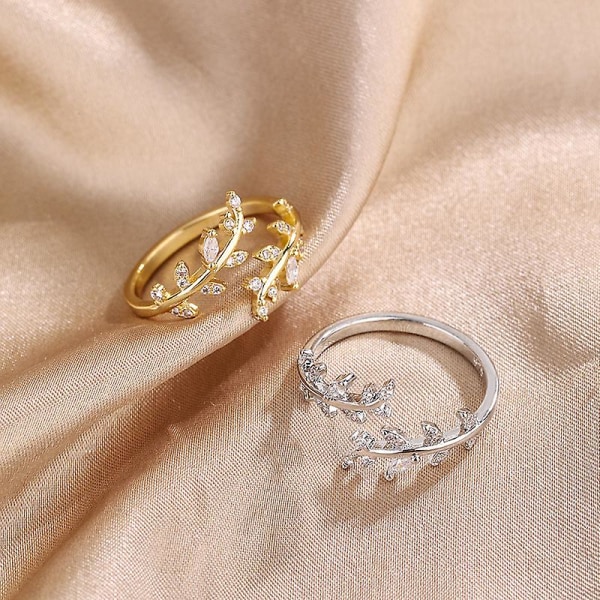 WABJTAM Blad Ring Kvinner Justerbar Ring i Fashion Rings for Kvinner Olivenblad Ring Firkløver Ring(Sølv)