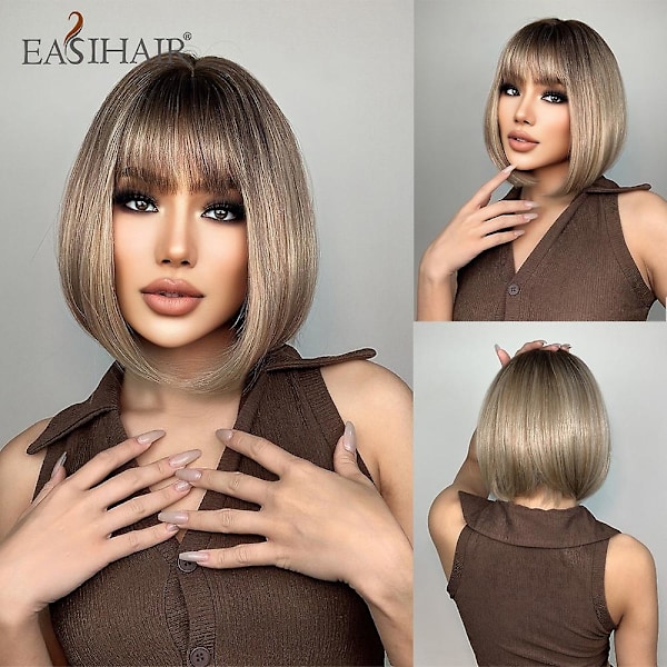 Easihair Kort Svart Rak Brunt Highlight Peruker Med Pixie Cut Lugg Högtemperatur Fiber Syntetiska Peruker Cosplay För Kvinnor（Peruk-ss191-1）