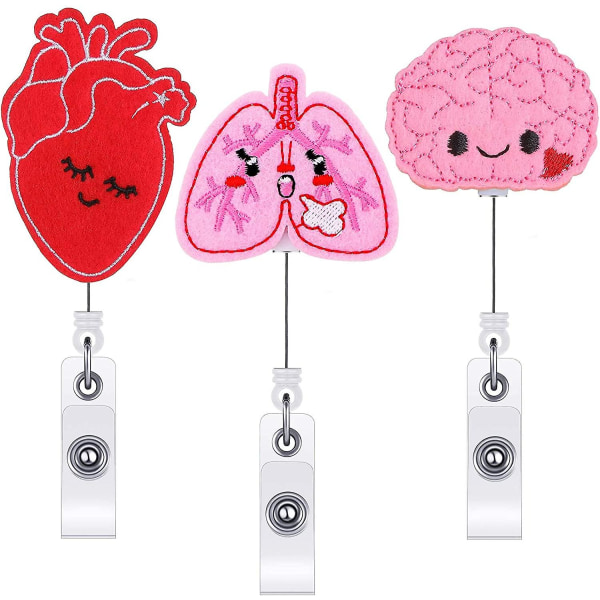 3Pieces Felt Nurse Badge Reels Retractable Nurse Badge Holder with Cute Brain Heart Lungs Pattern ID Badge Reel Clips for Doctor, Nurse, Teacher, Stud