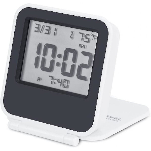 Liten digital reseväckarklocka, batteridriven miniresklocka med bakgrundsbelysning, bärbar hopfällbar minilommekalender temperaturklocka (vit)