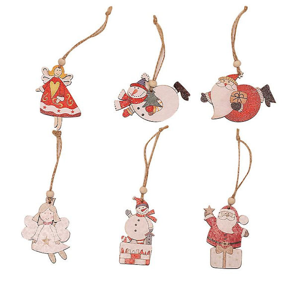 12 st juldekorationer, träjulhängen, julgransdekorationer, julgranshänge, tomte, snögubbe, ren, hängande för julgran