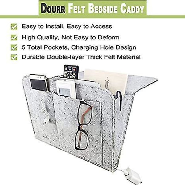 Filt sengekantsholder, sengekantslomme Caddy Sengearrangør Opbevaring indeni med 5 lommer og hul til ladekabel (grå)